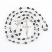 6 x 4mm Oval Finest Jet Black Rosary w/Sterling Silver Ctr & Crucfix - Boxed