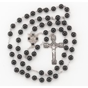 7mm Finest Jet Black Rosary w/Sterling Silver Ctr & Crucfix - Boxed