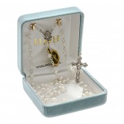 4mm White Freshwater Pearl Rosary w/Sterling Silver Ctr & Crucfix - Boxed