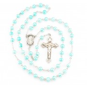 6mm Blue Freshwater Pearl Rosary w/Sterling Silver Ctr & Crucfix - Boxed