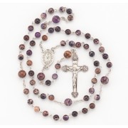 6mm Round Imperial Jasper Purple Bead Rosary w/8mm Imperial Jasper Purple O.F Beads with Sterling Silver Ctr & Crucfix - Boxed