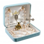 6mm White Freshwater Pearl Rosary w/Sterling Silver Crucfix & Ctr - Boxed