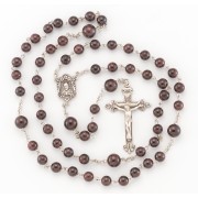 6mm Round Garnet Bead Rosary with 8mm Round Garnet O. F. Beads, with Sterling Silver Str & Crucfix - Boxed
