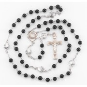 6mm Genuine Onyx Bead RCIA Rosary w/Sterling Silver Ctr & Crucfix-(381/3855) and Pewter Shells - Boxed