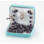 8mm Round Amethyst Bead Rosary with Sterling Silver Ctr & Crucfix - Boxed