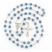 8mm Metallic Sapphire Tin Cut Crystal Bead Rosary with Sterling Silver Ctr & Crucfix - Boxed