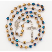 8mm Metalic Gold Tin Cut Crystal Bead Rosary with Sterling Silver Ctr & Crucfix - Boxed