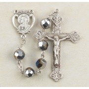 8mm Metallic Silver Tin Cut Crystal Bead Rosary with Sterling Silver Ctr & Crucfix - Boxed