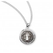 Saint Benedict Round Sterling Silver Medal with Cubic Zircons - Necklace