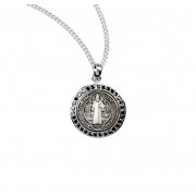 Saint Benedict Round Sterling Silver Medal with Black Cubic Zircons - Necklace