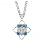 Sterling Silver Miraculous Medal with 4 Hearts and Light Sapphire Cubic Zirconia's CZ's *24" Chain - Boxed - Necklace Sterling Silver Miraculous Medal with 4 Hearts and Light Sapphire Cubic Zirconia's CZ's *24" Chain - Boxed - Necklace