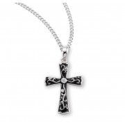 Sterling Silver Black Enameled Cross w/Cubic Zirconia's CZ's w/18" Chain - Boxed - Necklace