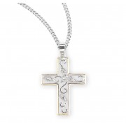Sterling Silver Tu-Tone Vine Design Cut-Out Cross - 18" Chain - Boxed - Necklace