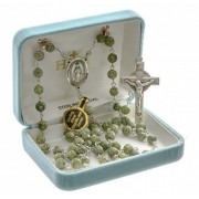 6mm Green Side Stone Rosary w/Sterling Silver Ctr & Crucfix - Boxed