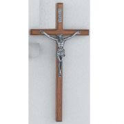 10 inch Beveled Walnut Crucifix Silver Corpus