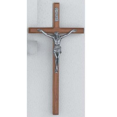 10 inch Beveled Walnut Crucifix Silver Corpus - 735365585434 - BV10-148HS
