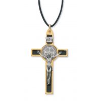 3in Gold Black Epoxy Saint Benedict Crucifix Leather Cord Necklace 2Pk