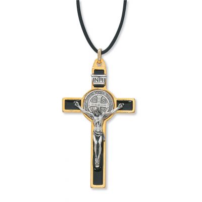 3in Gold Black Epoxy Saint Benedict Crucifix Leather Cord Necklace 2Pk - 735365529209 - 119-06