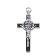 3 inch Silver Black Epoxy St. Benedict Crucifix Leather Cord Necklace