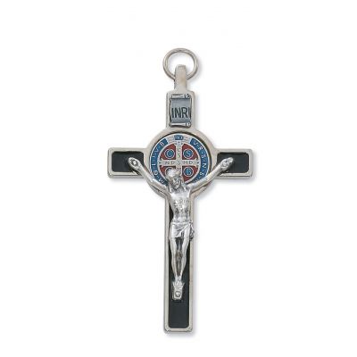 3 inch Silver Black Epoxy St. Benedict Crucifix Leather Cord Necklace - 735365529216 - 119-07