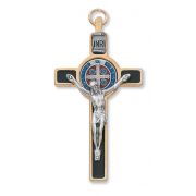 Gold Black/Red/Blue Epoxy St. Benedict Crucifix Leather Cord Necklace