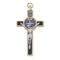 Gold Black/Red/Blue Epoxy St. Benedict Crucifix Leather Cord Necklace