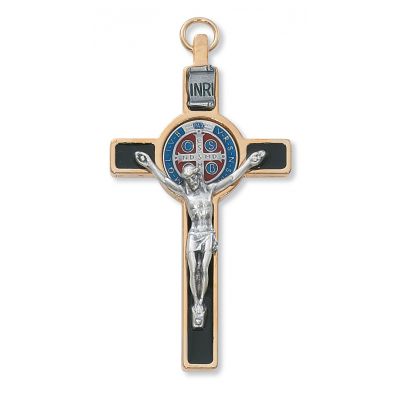 Gold Black/Red/Blue Epoxy St. Benedict Crucifix Leather Cord Necklace - 735365529223 - 119-08