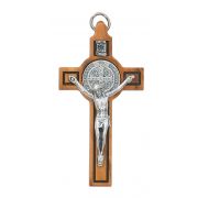 3 inch Olive Wood Saint Benedict Crucifix Leather Cord Necklace
