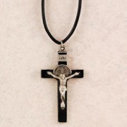 3/4in Black Enamel Pewter St. Benedict w/24in Black Leather Cord,