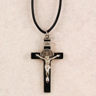 3/4in Black Enamel Pewter St. Benedict w/24in Black Leather Cord, 2Pk - 735365564514 - D9078LC