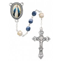 6mm Blue/Pearl Rosary Silver Oxide Crucifix/Miraculous Medal