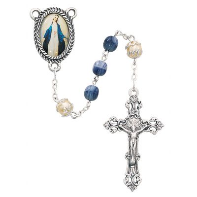 6mm Blue/Pearl Rosary Silver Oxide Crucifix/Miraculous Medal 2Pk - 735365527953 - 364R