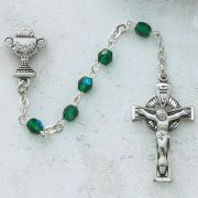 3mm Green Irish First Communion Rosary w/Pewter Crucifix/Chalice