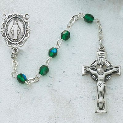3mm Green Irish Rosary w/Pewter Crucifix/Miraculous Medal - 735365727216 - C49DW