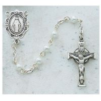 4mm Pearl Celtic Rosary w/Rhodium Crucifix/Miraculous Medal