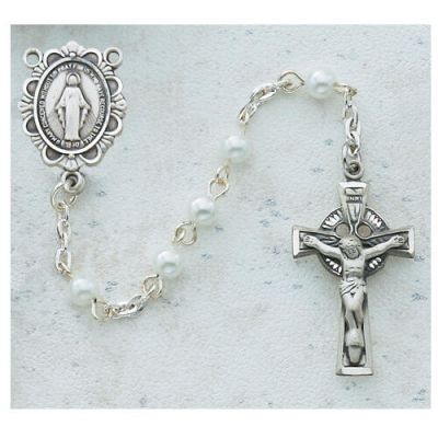 4mm Pearl Celtic Rosary w/Rhodium Crucifix/Miraculous Medal - 735365727315 - C51DW