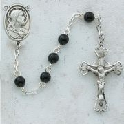 5mm Black Glass Rosary w/Rhodium Crucifix/Center