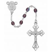 6mm Amethyst Bead Rosary Rhodium Crucifix/Miraculous Medal w/Gift Box