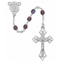 6mm Amethyst Bead Rosary Rhodium Crucifix/Miraculous Medal w/Gift Box