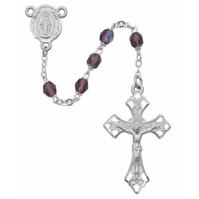 6mm Amethyst Bead Rosary Rhodium Crucifix/Miraculous Medal w/Gift Box - 735365597888 - R273RF