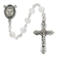 6mm Crystal 1st Communion Rosary Rhodium Crucifix/Chalice Medal
