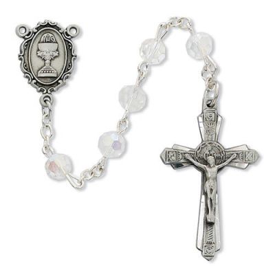 6mm Crystal 1st Communion Rosary Rhodium Crucifix/Chalice Medal - 735365719815 - C45DW