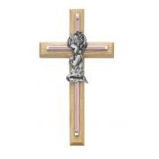 7 inch Oak/Pink Silver Cross w/Pewter Praying Girl