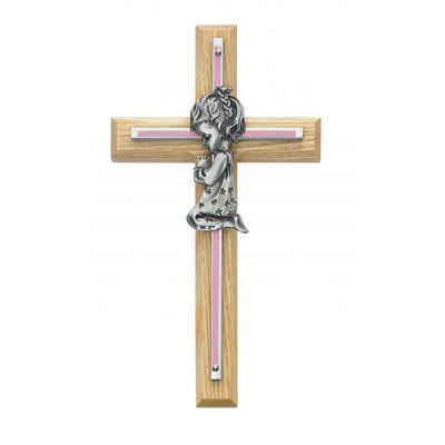 7 inch Oak/Pink Silver Cross w/Pewter Praying Girl - 735365501113 - 73-05
