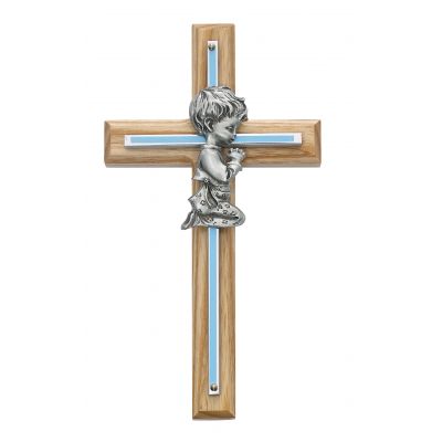 7 inch Oak/Blue Silver Cross w/Pewter Praying Boy - 735365501120 - 73-06
