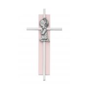 6" Silver Cross On Pink Wood