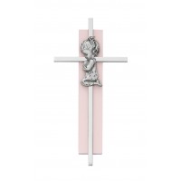 6" Silver Cross On Pink Wood