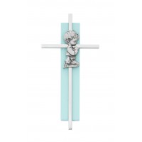 6" Silver Cross On Blue Wood