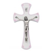7 inch White/Silver Crucifix/Pink & Gift Box