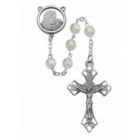7mm White Glass Bead Rosary w/Pewter Crucifix/Center